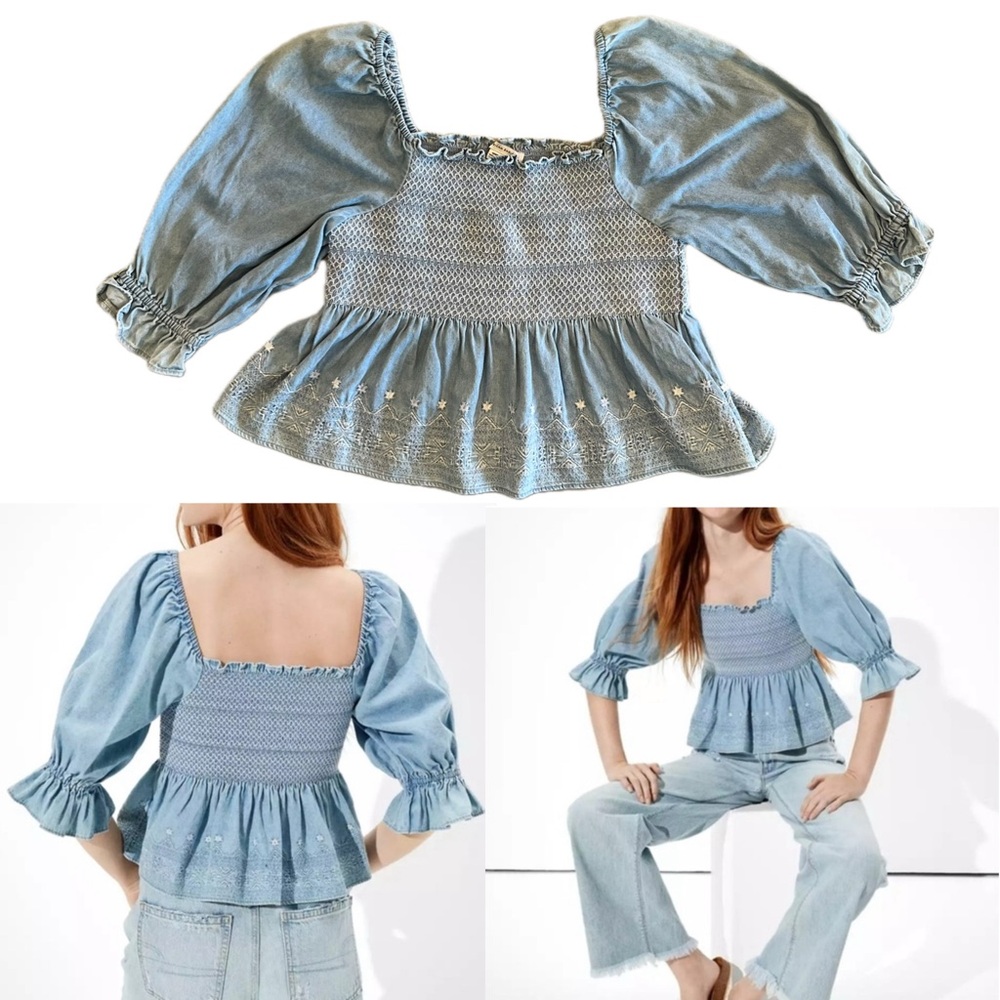 American Eagle Peasant Boho Babydoll Cotton Chambray Smocked Top SZ Medium